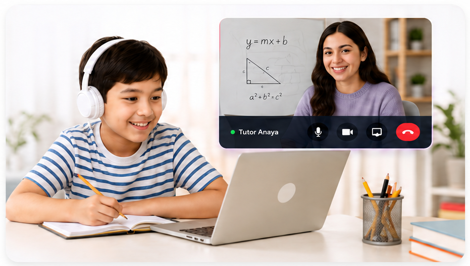 A student working at a laptop with their tutor on screen in a live lesson.